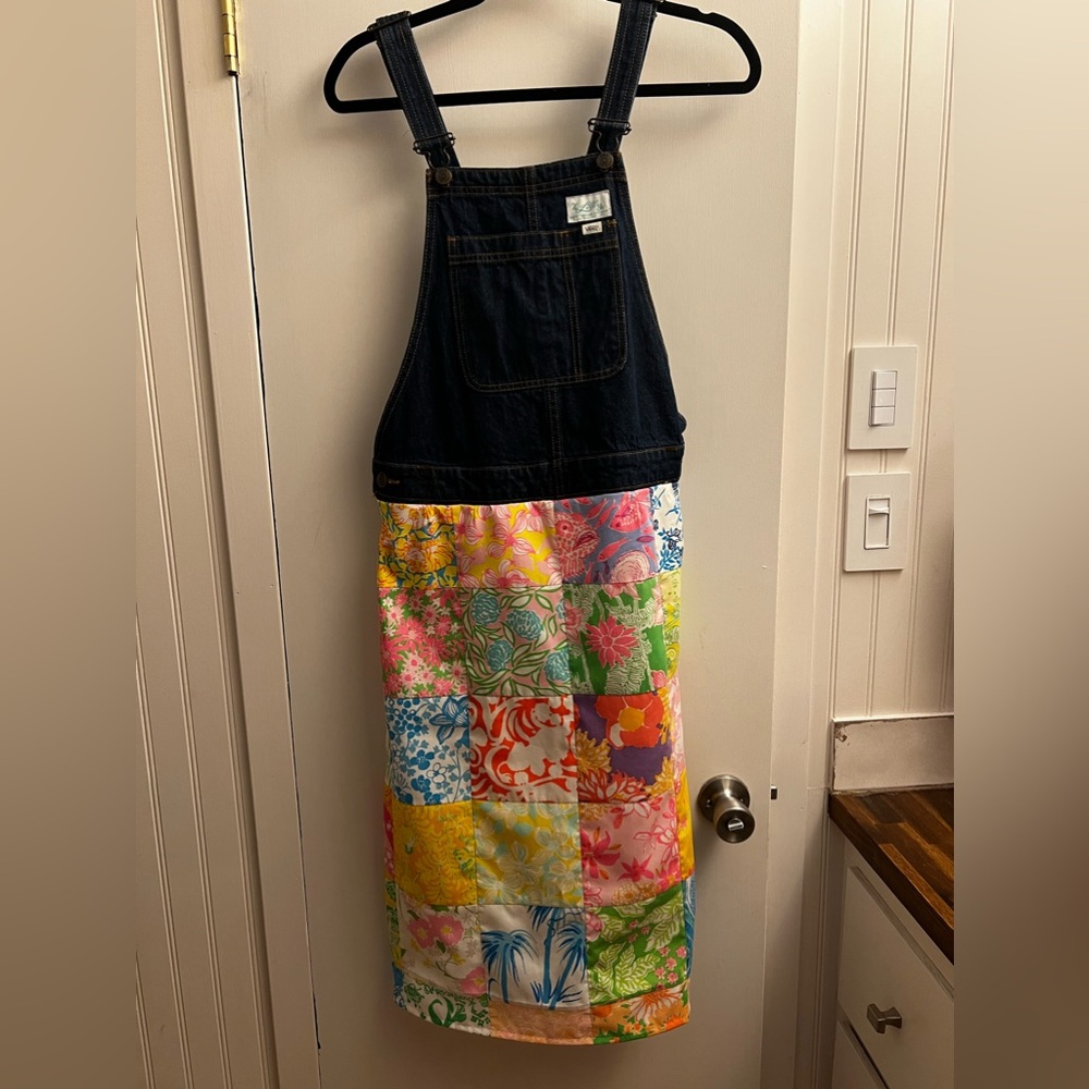 Vans & Lilly Pulitzer mash up DIY overalls jumper midi skirt. Small.